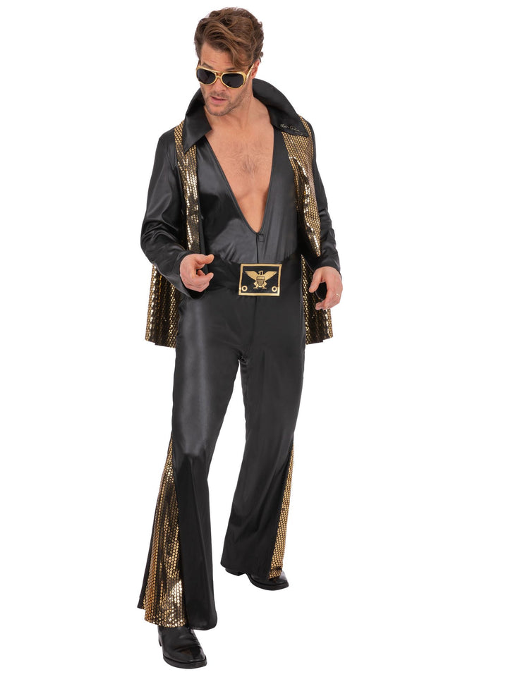 Smiffys Elvis Schwarzer Overall Kostüm für Erwachsene Offiziell lizenziertes All-in-One-Outfit mit U