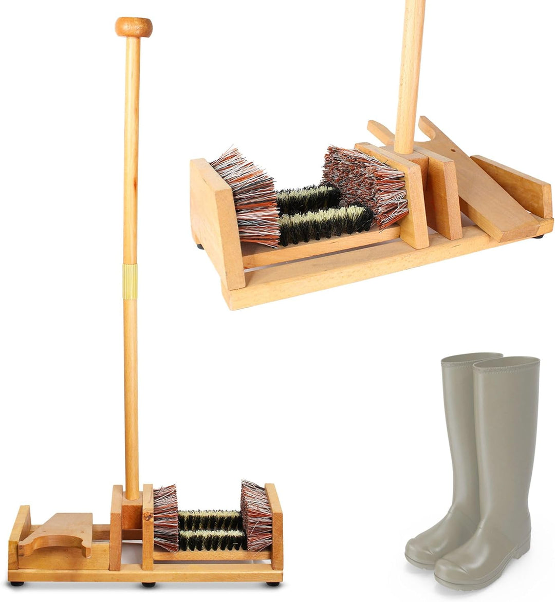 Stiefelknecht / 4 Bürsten - Stiefelzieher mit langem Holzgriff zum Aufstützen - Bürste, Abkratzer, S