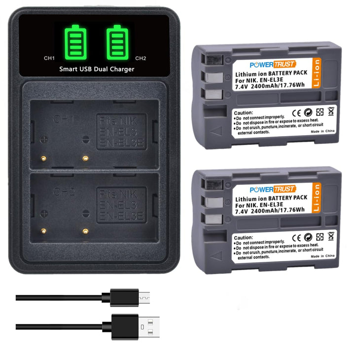 PowerTrust 2Pcs EN-EL3 EN-EL3e Akku und Ladegerät für Nikon D300S, D700, D90, D300, D80, D200, D50,