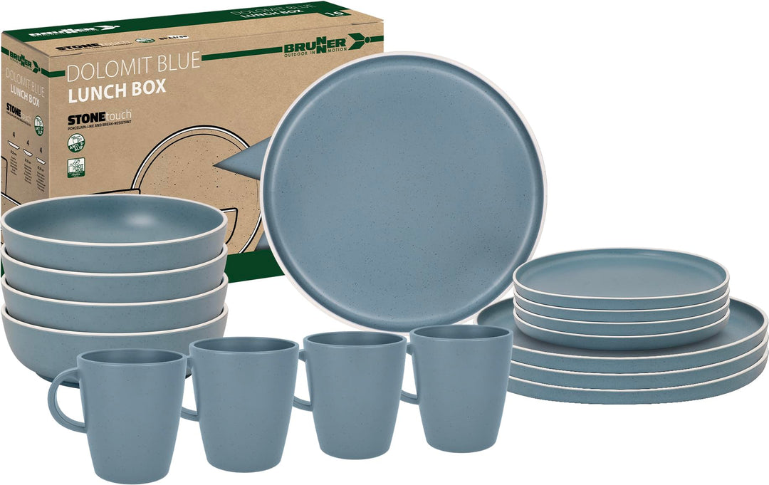 BRUNNER Melamin Geschirr Set Lunch Box Dolomit Stone Touch Camping Teller 16tlg blau