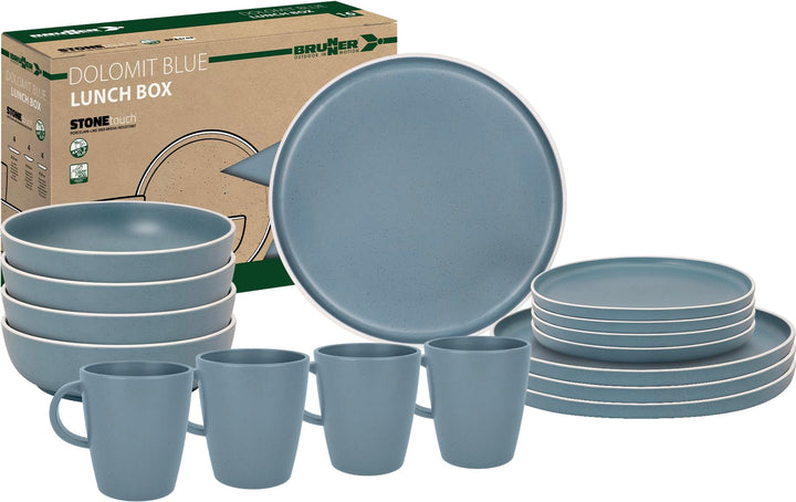 BRUNNER Melamin Geschirr Set Lunch Box Dolomit Stone Touch Camping Teller 16tlg blau