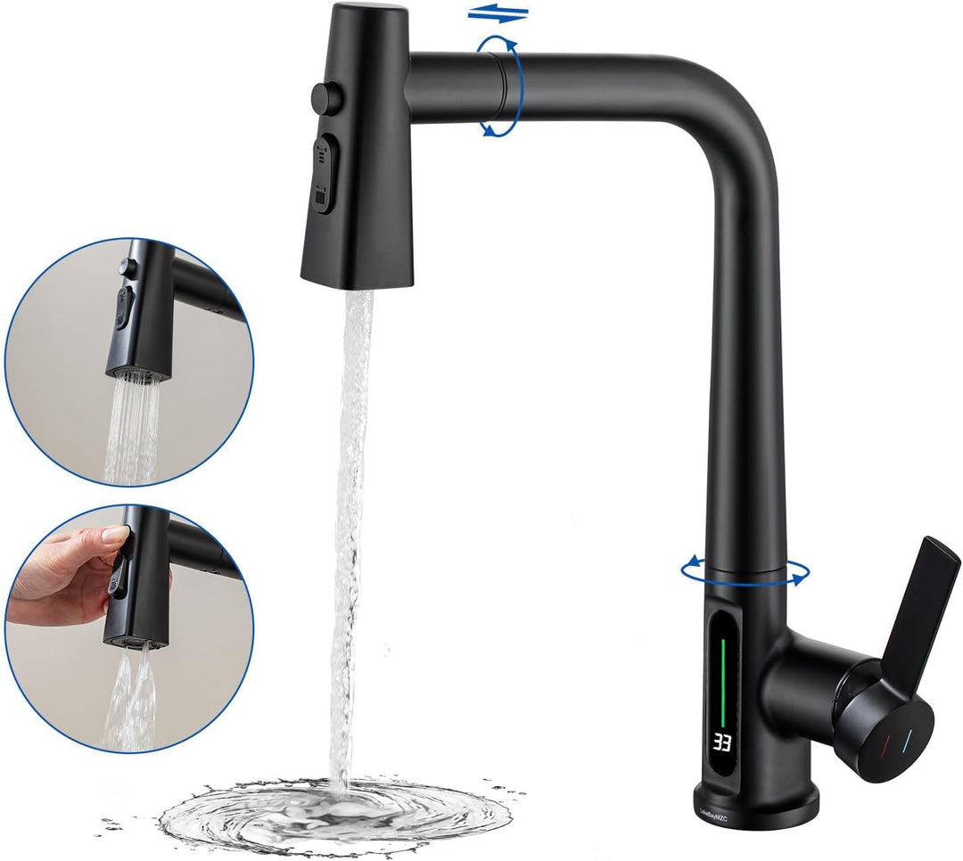 Wasserhahn Küche Mit Brause Ausziehbar,Küchenarmatur 360°Schwenkbar Spültischarmatur LED Temperatura