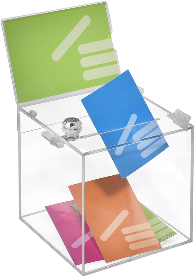 Losbox aus Acrylglas in 150x150x150mm mit Schloss und Topschild DIN A6 Quer - Zeigis® / Spendenbox/A