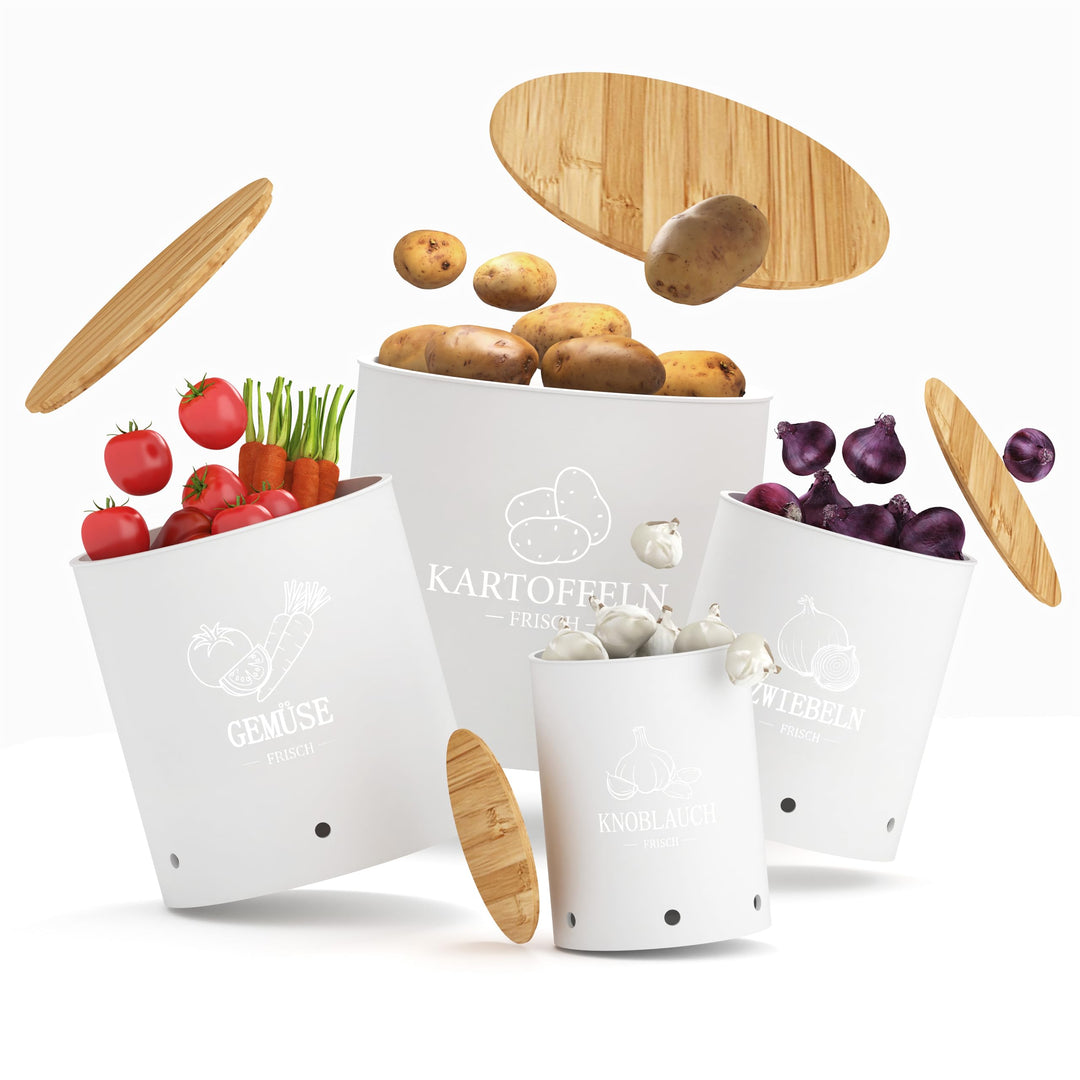 Kartoffel Aufbewahrungsbox 4er Set | Stapelbare mit Frischebelüftung, Kunststoff Kartoffelbox, Platz