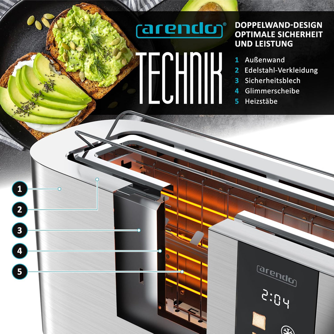 Arendo - Edelstahl Toaster 2 Scheiben Langschlitz - Touchscreen – Doppelwandgehäuse – Integrierter B