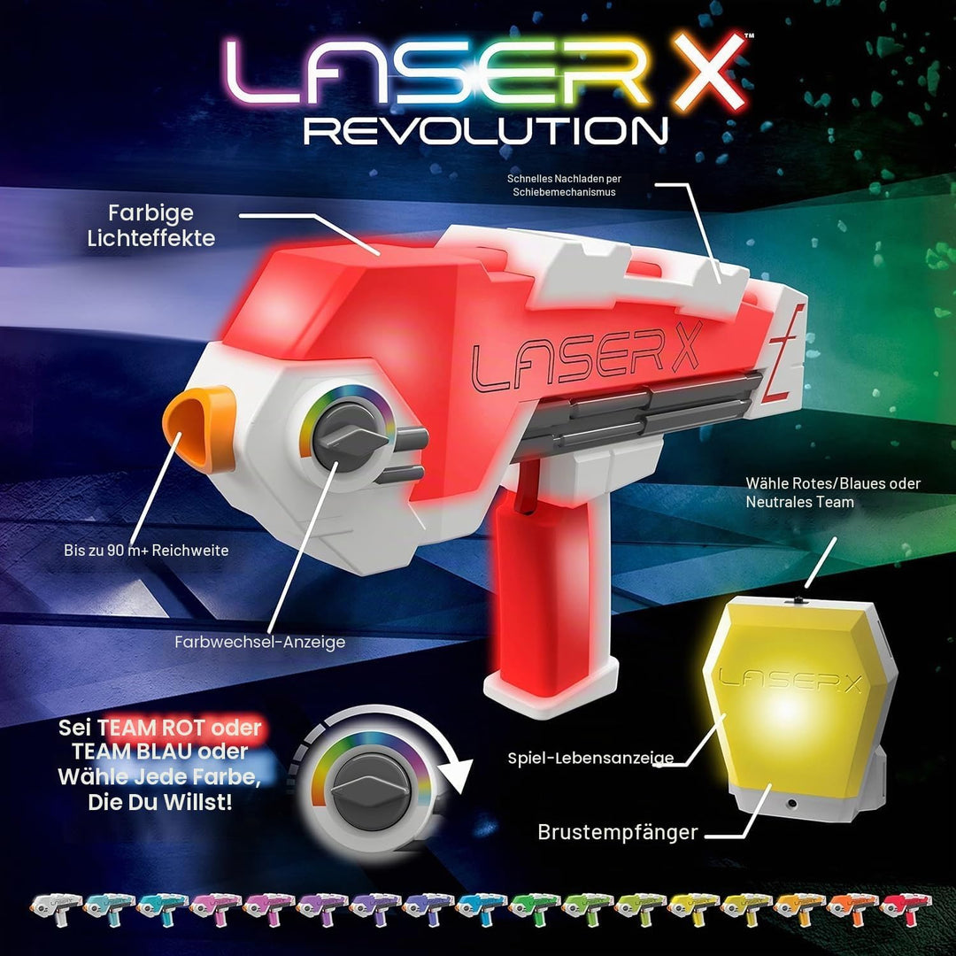 Laser X - Revolution Blaster, wähle deine Teamfarbe, treffe bis zu 90 Meter, mit 2 Blastern, 2 Empfä