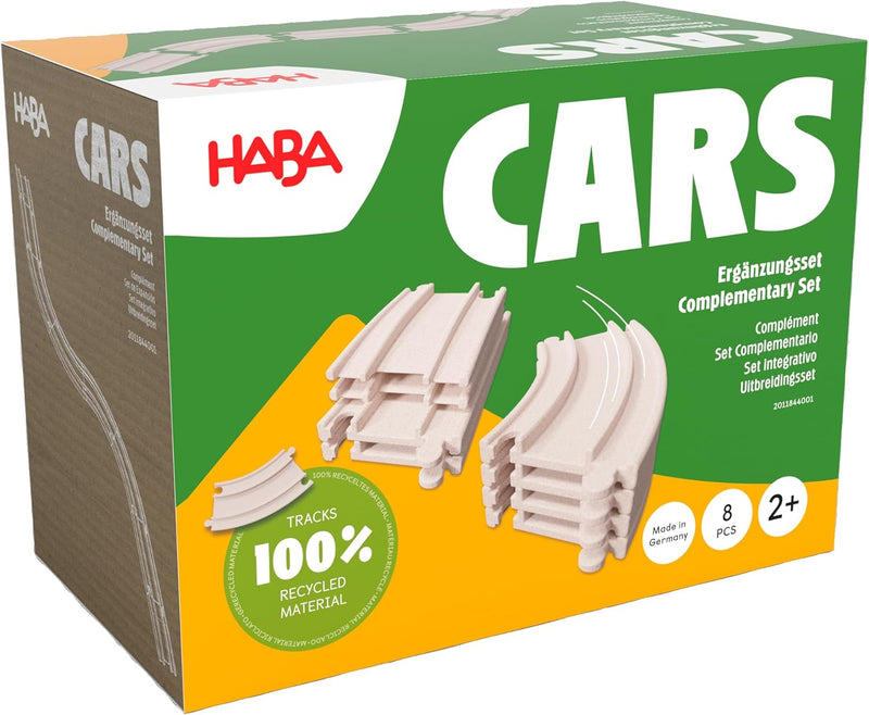 HABA Cars Ergänzungsset – 8 Schienen aus recyceltem Holz und Kunststoff – Extragrosse, einfach zu ve