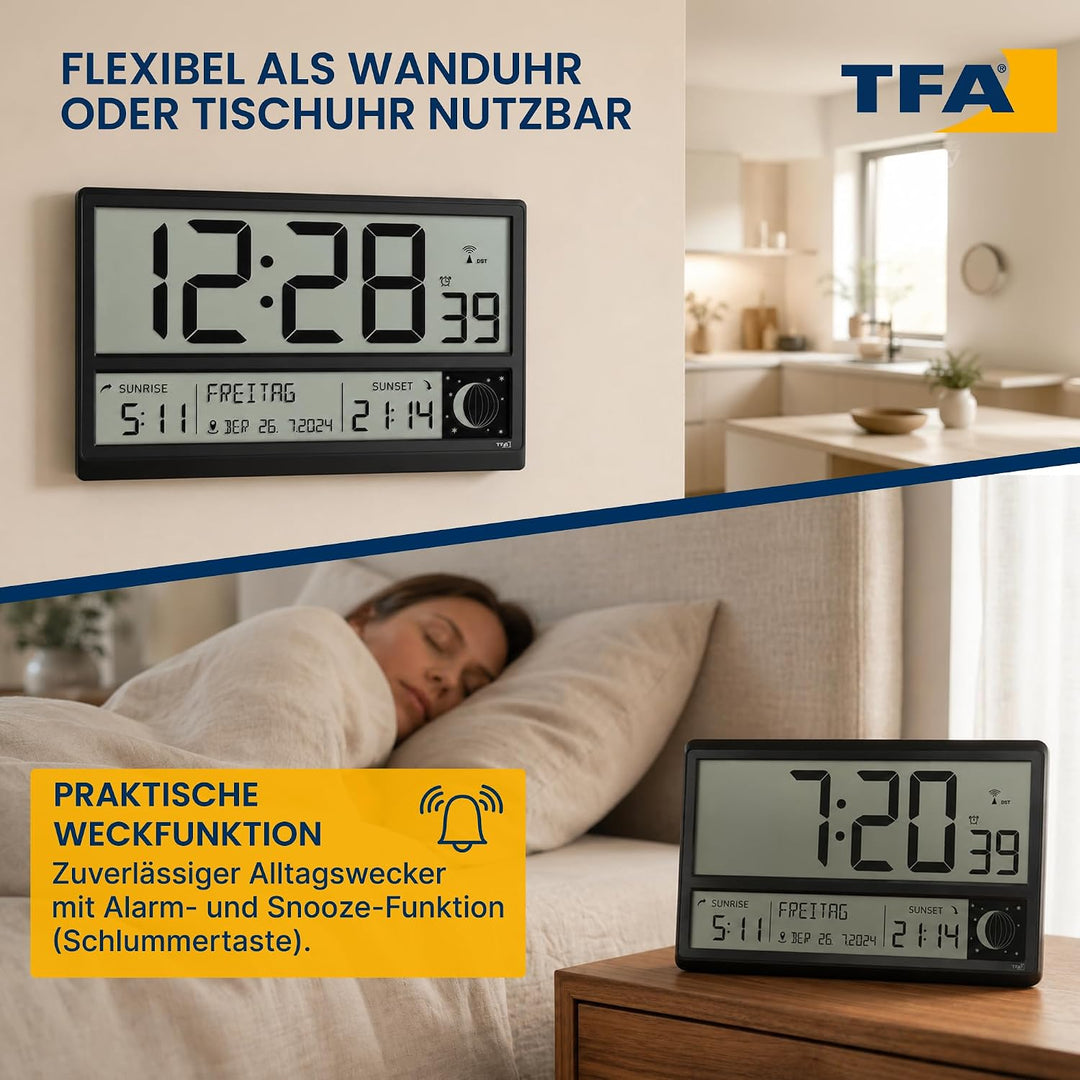 TFA Dostmann Digitale XL Funk Wanduhr, 60.4524.01, mit Sonnenauf- und -untergang, Weckalarm, grosse