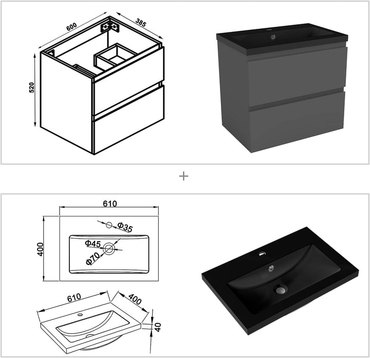Waschtisch mit Unterschrank 60 cm Badmöbel Set mit Waschbecken Schwarz Gäste WC Anthrazit Matt
