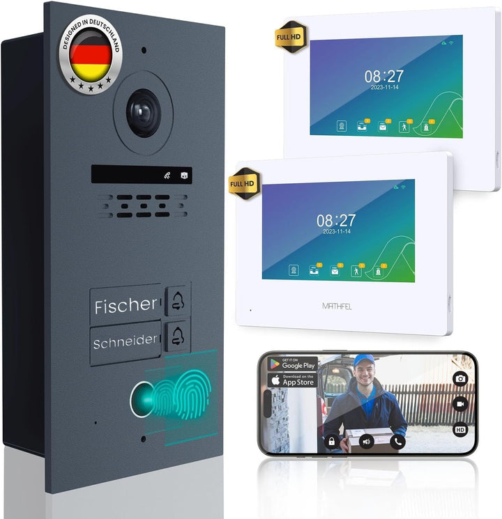 MATHFEL 2 Familienhaus 2 Draht Bus WLAN Video-Türsprechanlage, 10 Zoll Monitor mit Full HD 2 Megapix