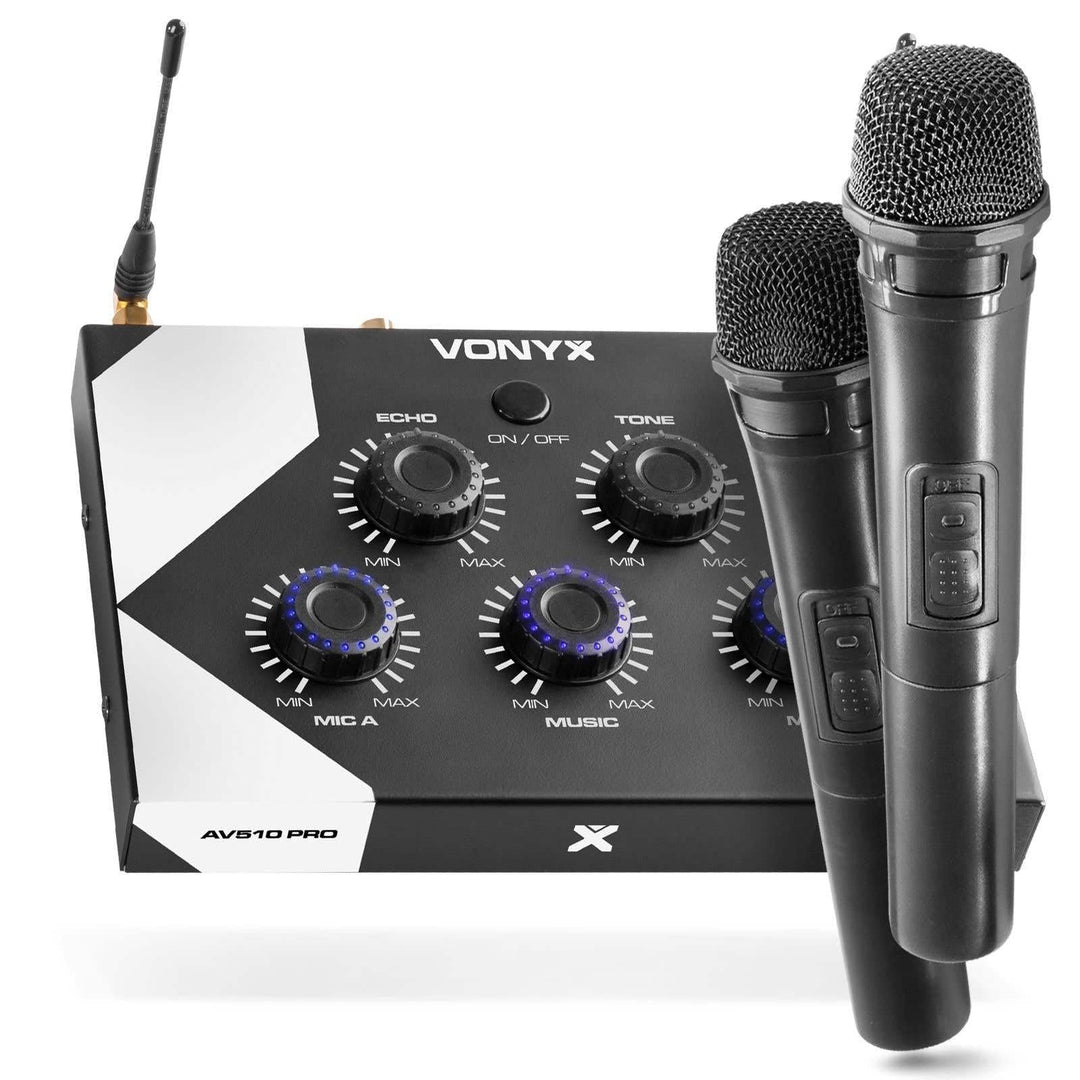 Vonyx AV510 PRO Karaoke Mikrofon Set mit 2X drahtlosen UHF Mikrofonen und Karaoke Mixer, KTV Set, Bl