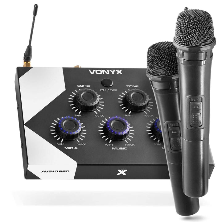 Vonyx AV510 PRO Karaoke Mikrofon Set mit 2X drahtlosen UHF Mikrofonen und Karaoke Mixer, KTV Set, Bl