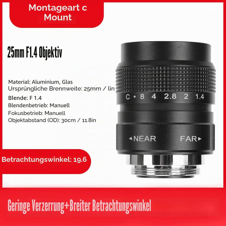 25 Mm F1,4 CCTV-Objektiv für C-Mount-Kamera, Blende und Fokussierung Manuelle Einstellung, 19,6 Betr