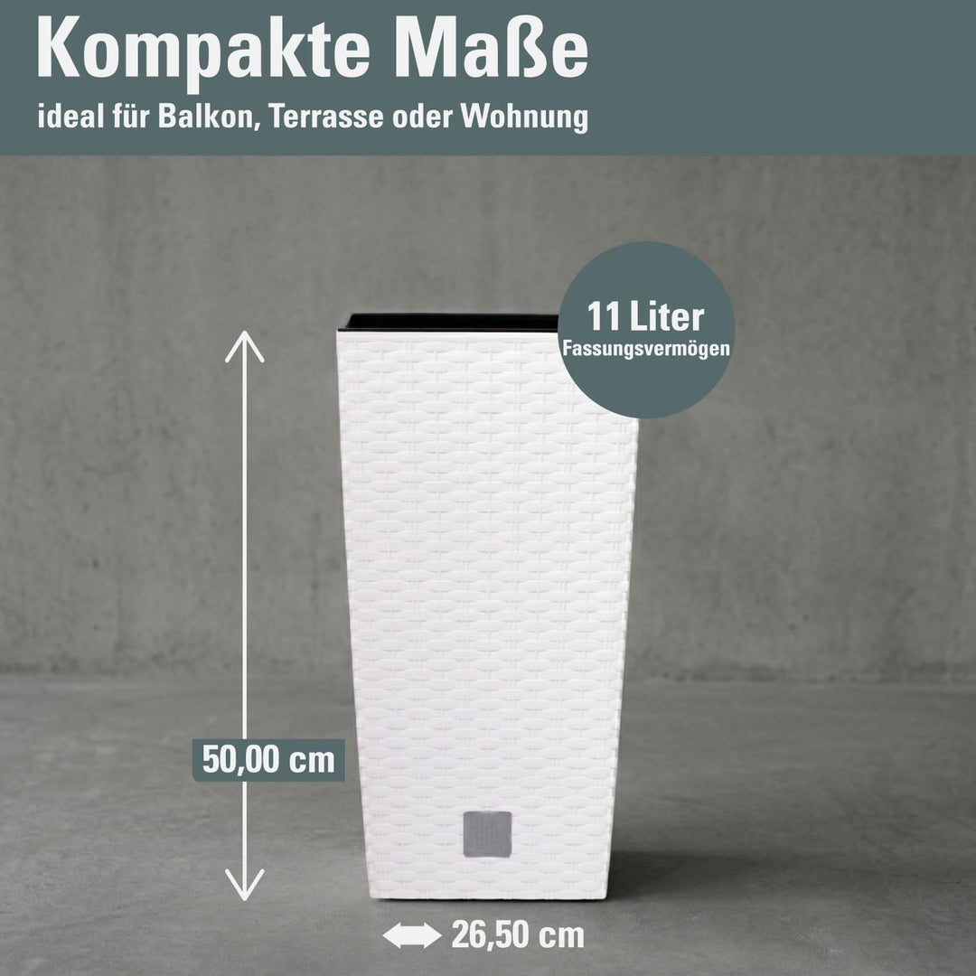 Prosperplast Rato Square Blumentopf 26,5 x 26,5 x 50 cm Weiss | Moderner Pflanzkübel in Rattan-Optik