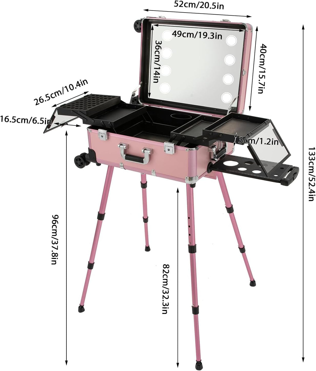 Kosmetikkoffer Trolley mit 8 LED Licht und Kosmetikspiegel,Schminkkoffer 3-stufige Design Innenfäche
