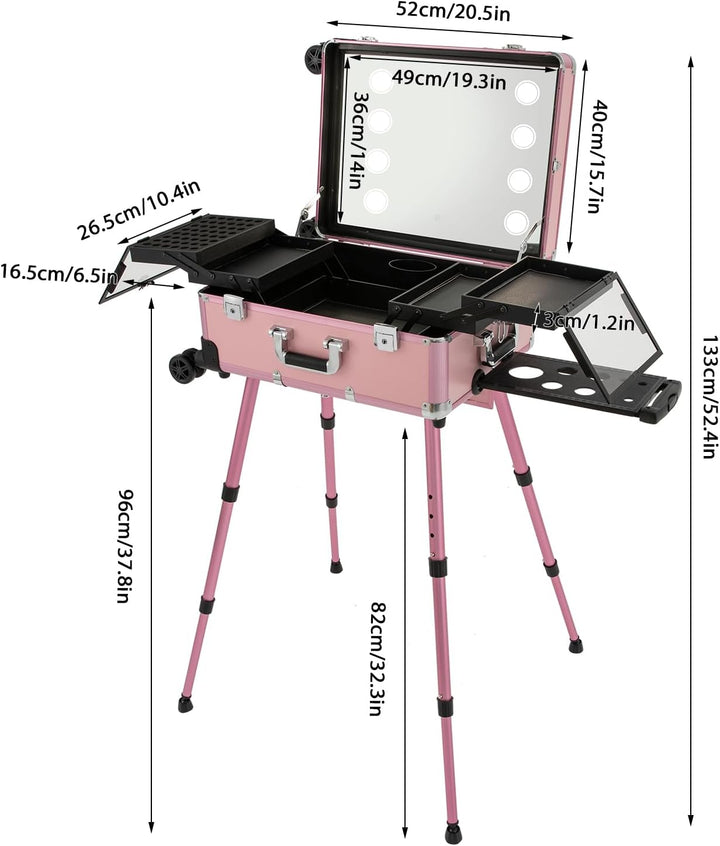 Kosmetikkoffer Trolley mit 8 LED Licht und Kosmetikspiegel,Schminkkoffer 3-stufige Design Innenfäche