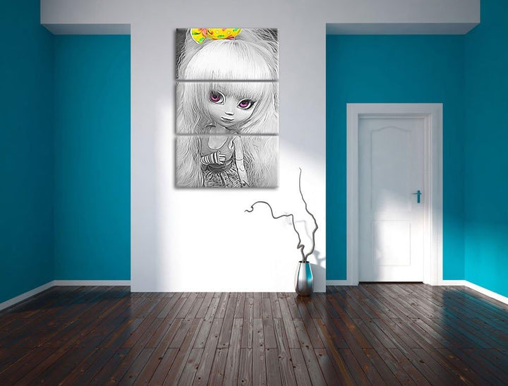 hübsches Pullip-Püppchen im 70er-Jahre-Stil schwarz/weiss Spezial 3-Teiler Leinwandbild 120x80 Bild