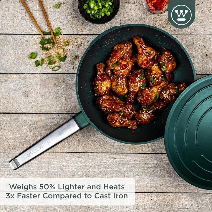 Westinghouse PERFORMANCE SERIES Wok Pfanne mit Deckel, Beschichtete Pfanne 28 cm mit Edelstahl-Griff