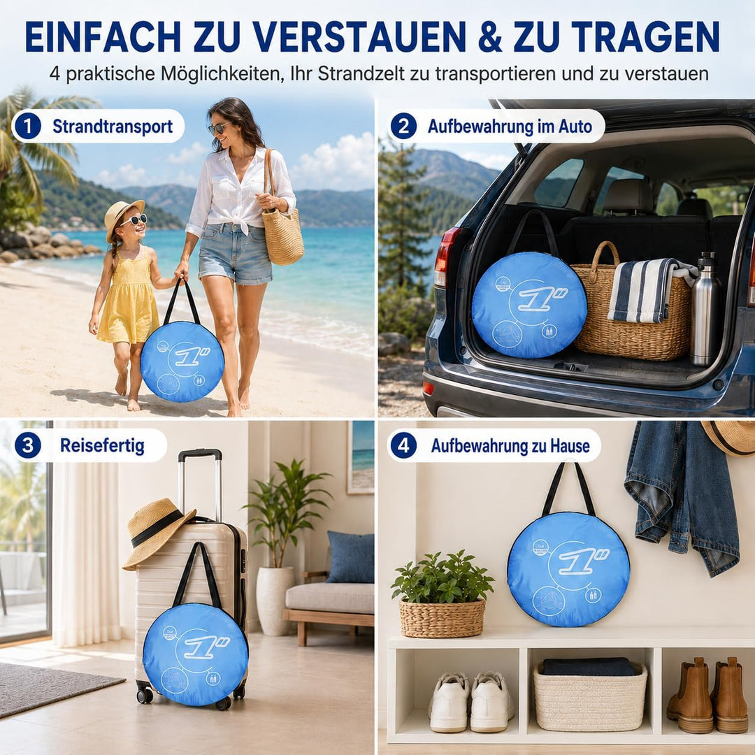 Strandmuschel Pop Up,3–4 Personen,UPF 50+,tragbares Strandzelt | Automatisches Sonnenzelt mit Reissv
