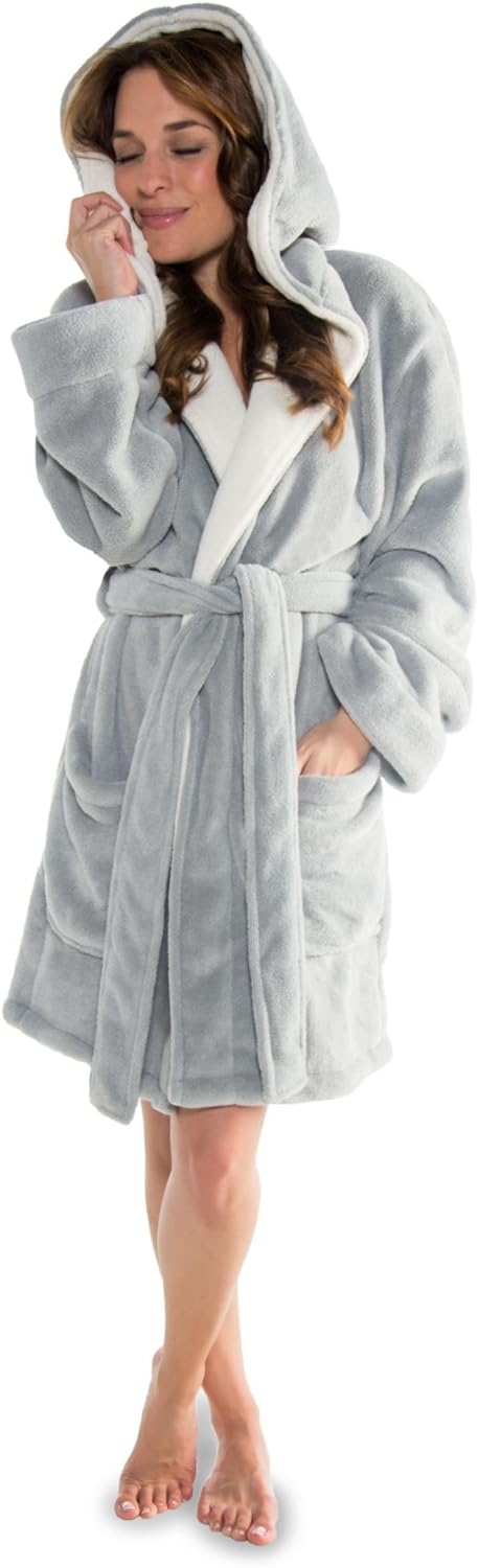 CelinaTex XS-XXXL Bademantel Kapuze zweifarbig kurz aufgesetzte Taschen Damen Mikrofaser Kuschelflee