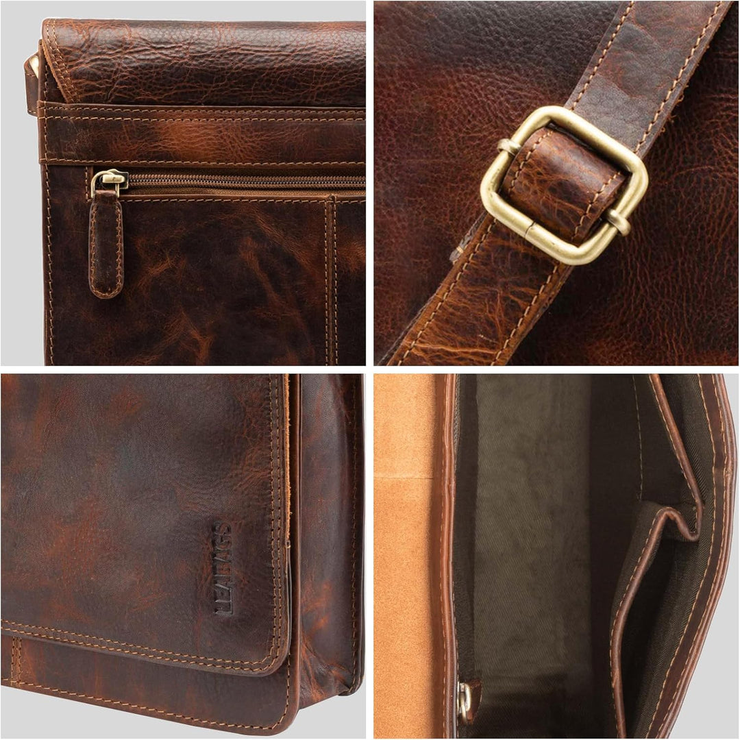 LEABAGS Leder Messenger Bag, London Vintage Herren Umhängetaschen, Echtleder Aktentasche Laptoptasch