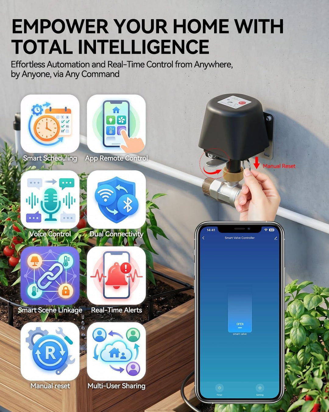 Smart Ball-Wasserventil, App-Steuerung, 4 Timer-Modi für automatische Steuerung, unterstützt 2,4-GHz