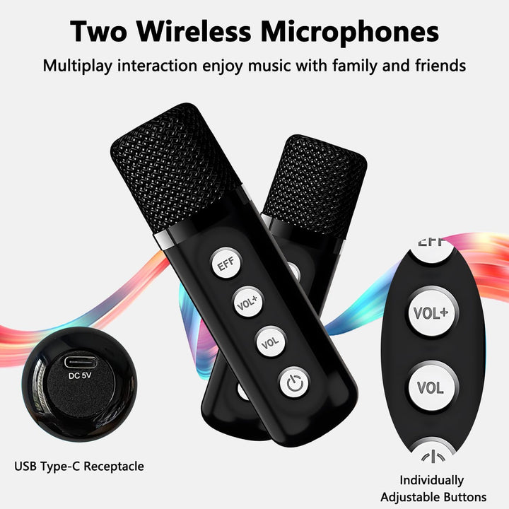 Karaoke Maschine mit 2 Mikrofonen, Tragbare Bluetooth Lautsprecher Box für Erwachsene und Kinder, Ka