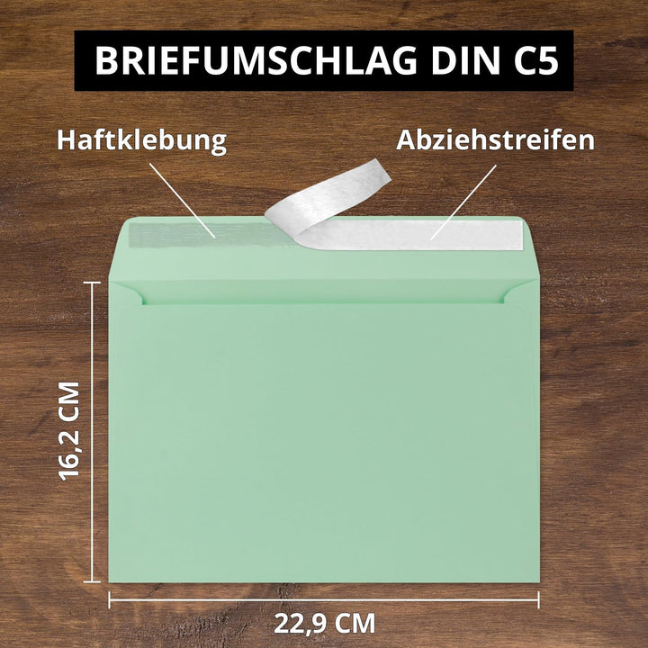 300x Briefumschläge DIN C5 Mintgrün (Grün)- 16,2 x 22,9 cm - Haftklebung - Edle Kuverts für grosse E