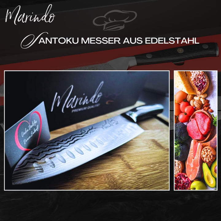Marindo® Santoku Messer Edelstahl 17,8 cm Klinge | japanisches Küchenmesser mit Damastmesser Optik &