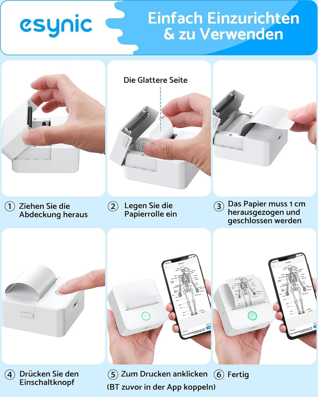 eSynic Mini Thermodrucker Tragbarer Bluetooth-Drucker für Fotos Notizen & Etiketten 200dpi Kompatibe