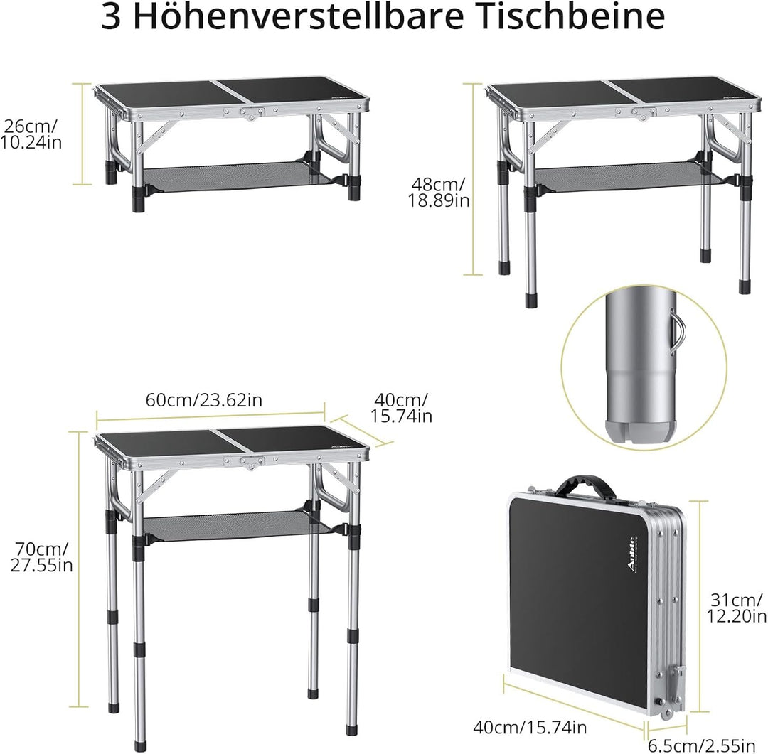 Anbte Campingtisch Klapptisch Aluminium Falttisch 3 Höhen Verstellbarer Camping Tisch mit Aufbewahru