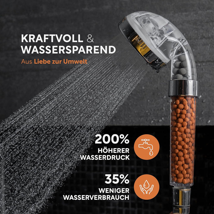 Premium Duschkopf mit Mineralsteinen von happydrop - Die wassersparende Handbrause druckerhöhend mit