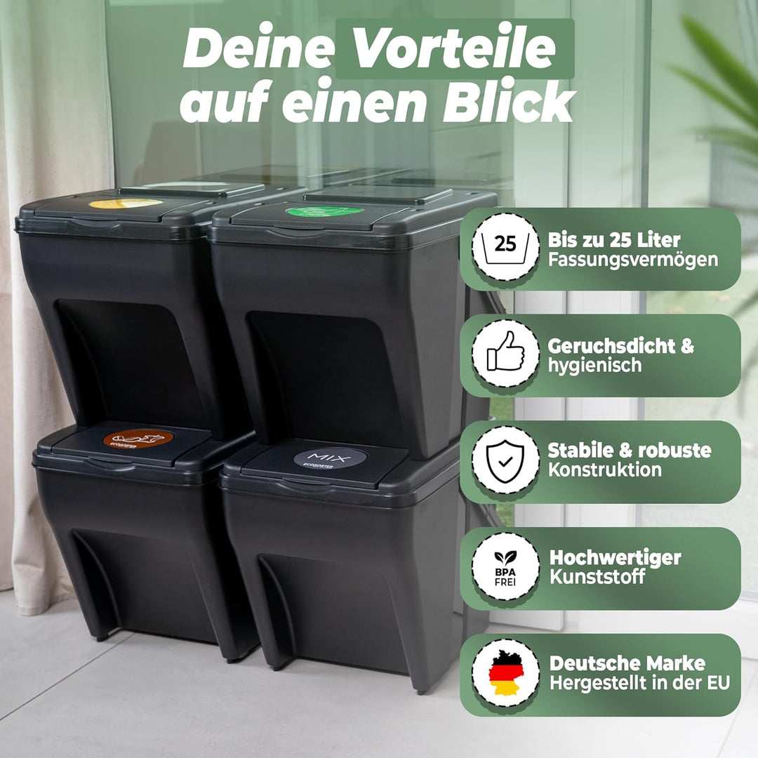 Novaliv Mülltrennsystem Set - 2x 25L Mülleimer Trennsystem - Mülleimer 4 Fächer - Mülltrennsysteme s