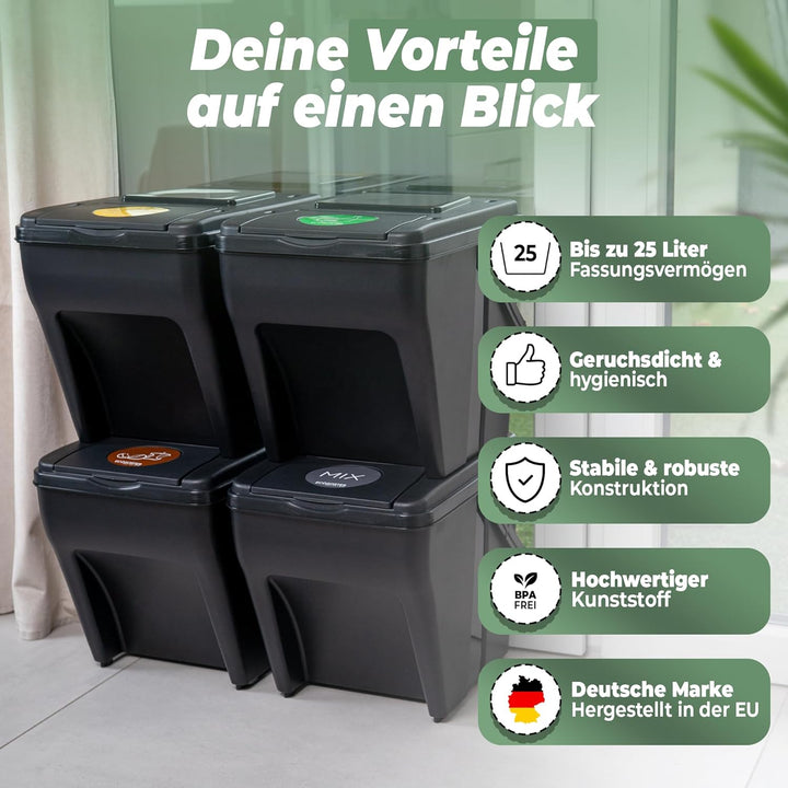 Novaliv Mülltrennsystem Set - 2x 25L Mülleimer Trennsystem - Mülleimer 4 Fächer - Mülltrennsysteme s