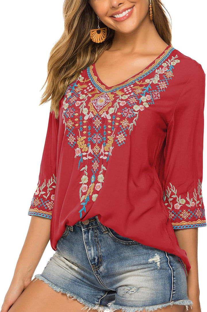 Hippie Kleidung Damen Bohemian Folklore Stickerei Bluse 3/4 äRmel V Ausschnitt Tunika Sommer LäSsige