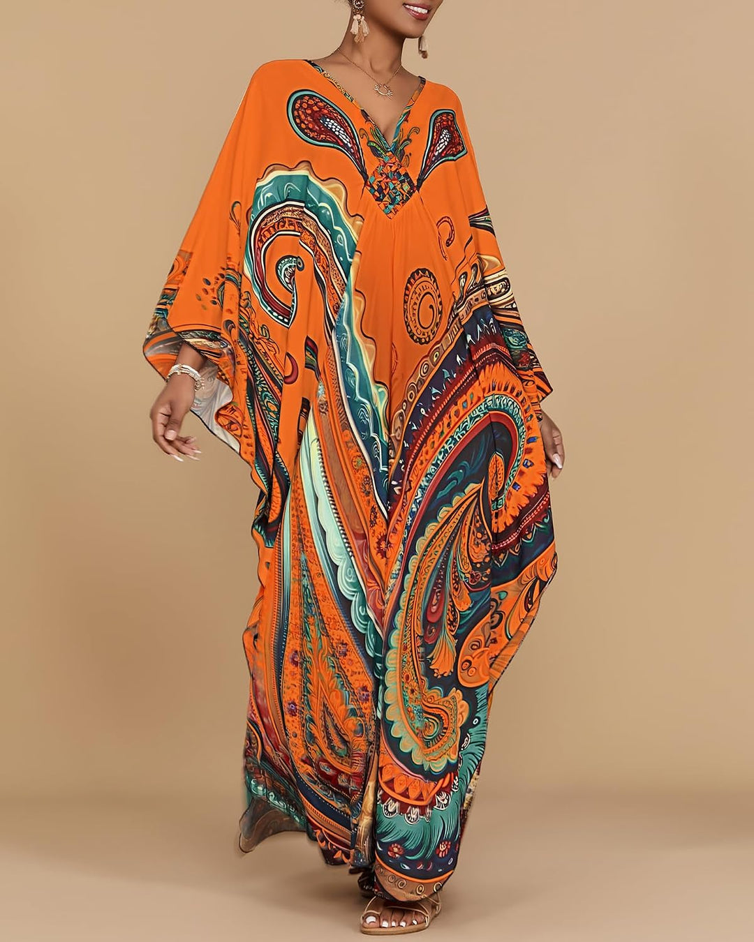Bsubseach Damen Kaftan Kleider Batwing Sleeve Strandkleid V-Ausschnitt Caftan Maxi Kleid Sommer A-Or
