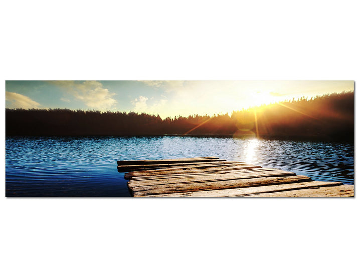 Paul Sinus Art Panoramabild auf Leinwand und Keilrahmen 150x50cm See Holzsteg Wald Sonnenuntergang