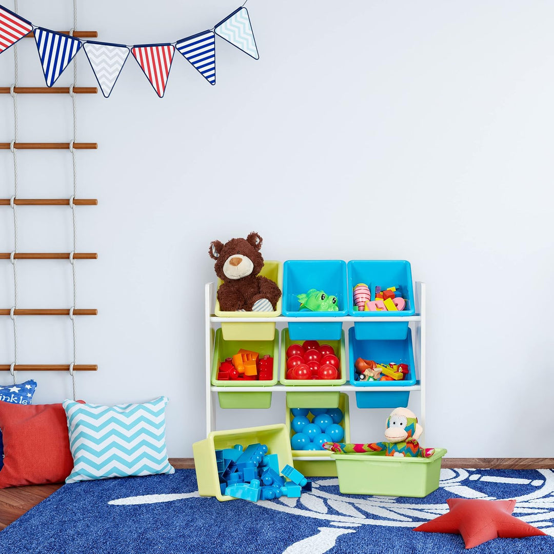 Relaxdays Kinderregal, 9 Aufbewahrungsboxen, Lagerfeuer Motiv, MDF, Kunststoff, Spielzeugregal HBT: