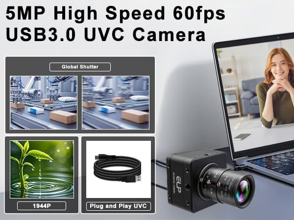 ELP 60fps USB 3.0 Kamera, High-Speed-Global-Shutter, 5-MP-Webcam, 4X 2,8–12 mm manuelles Varioobjekt