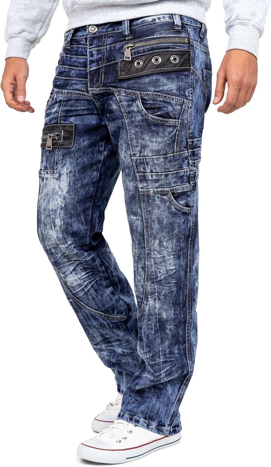 KOSMO LUPO Herren Jeans – Extravagante Designer-Jeans mit Patchwork, Nieten & Kontrastnähten – Regul