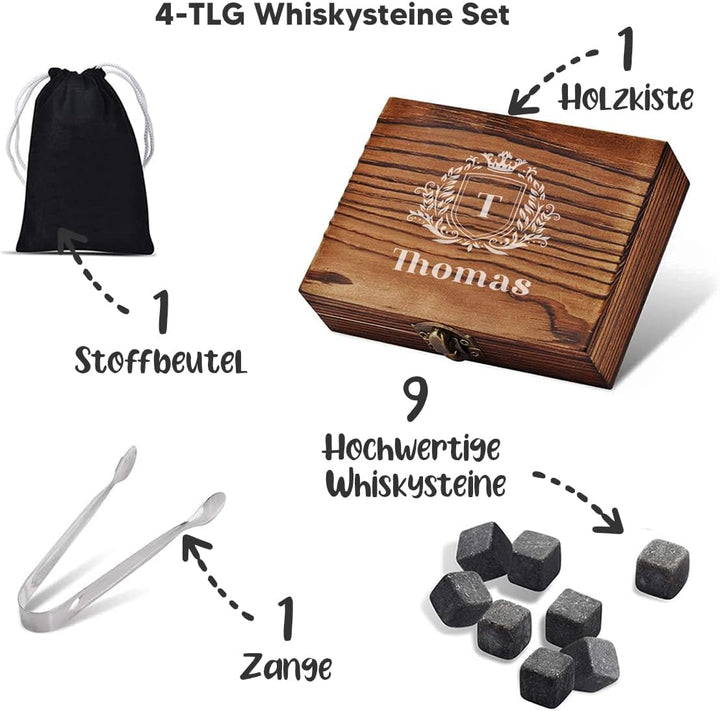 4-TLG Whisky Steine Set - in gravierter Holzbox - mit 9x Kühlsteine + 1x Zange + 1x Beutel - wiederv