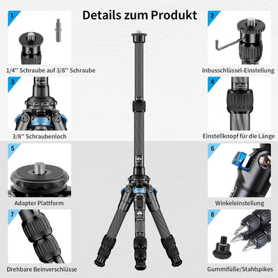 SIRUI AM-223+SL-100 Mini Carbon Tisch Stativ mit ausziehbarer Mittelsäule,Leicht Foto Ministativ Tis