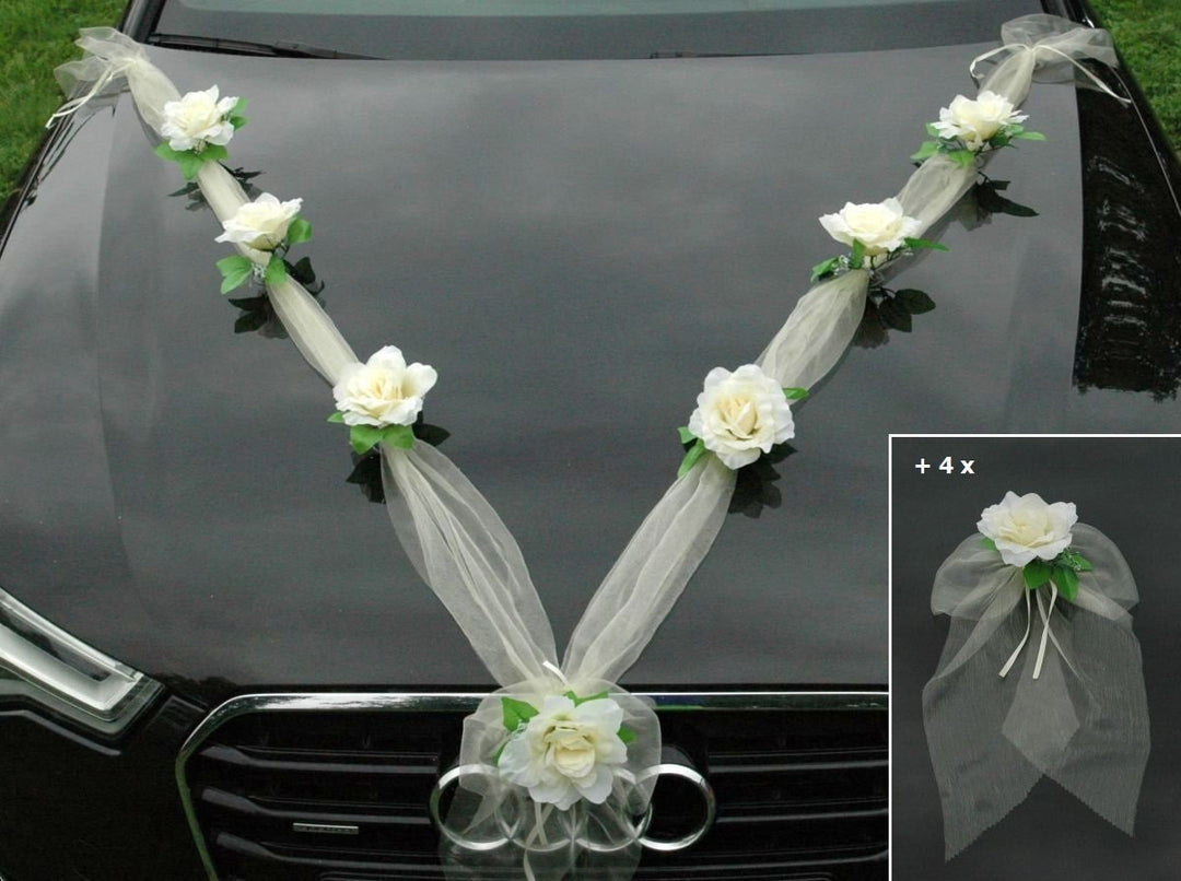 Organza M + Schleife Auto Schmuck Braut Paar Rose Deko Dekoration Autoschmuck Hochzeit Car Auto Wedd