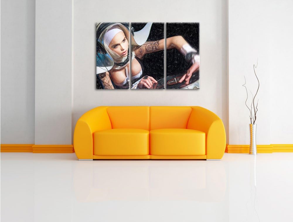Pixxprint Tätowierte DJ Frau als Leinwandbild/Grösse: 3 Teilig (120x80) cm/Wandbild/Kunstdruck/ferti