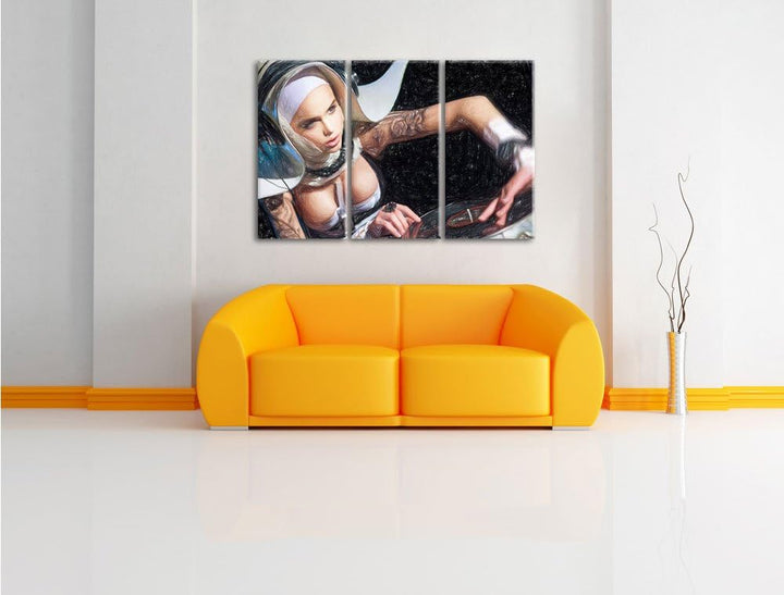 Pixxprint Tätowierte DJ Frau als Leinwandbild/Grösse: 3 Teilig (120x80) cm/Wandbild/Kunstdruck/ferti
