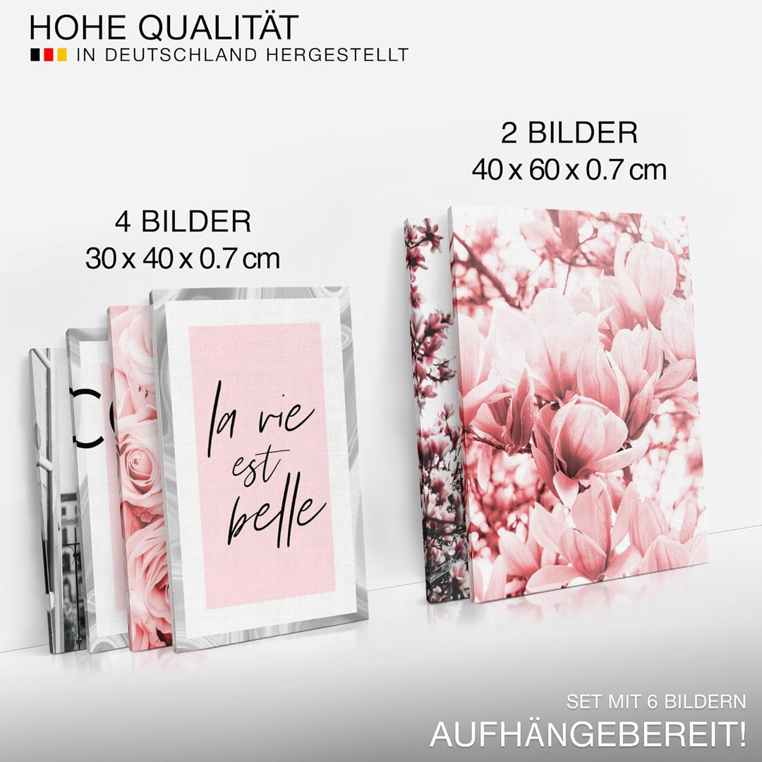 Novart Wandbilder Set Fashion Coco Paris Grau Rosa - KEIN EXTRA RAHMEN BENÖTIGT - Modern Deko - Wohn