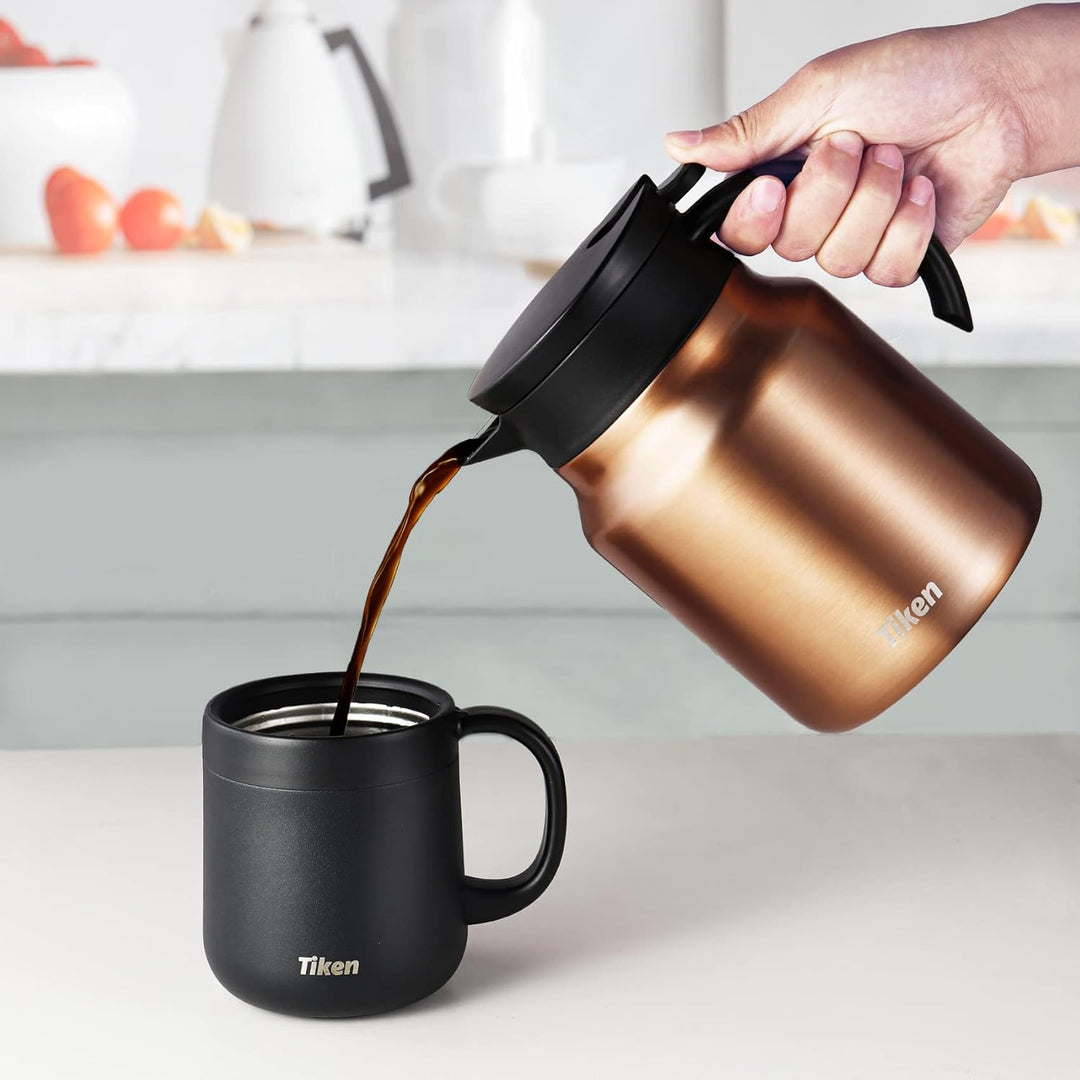Tiken 1L Thermoskanne aus Doppelwandingem Edelstahl Isolierkanne Kaffeekanne mit Quick Tip Verschlus
