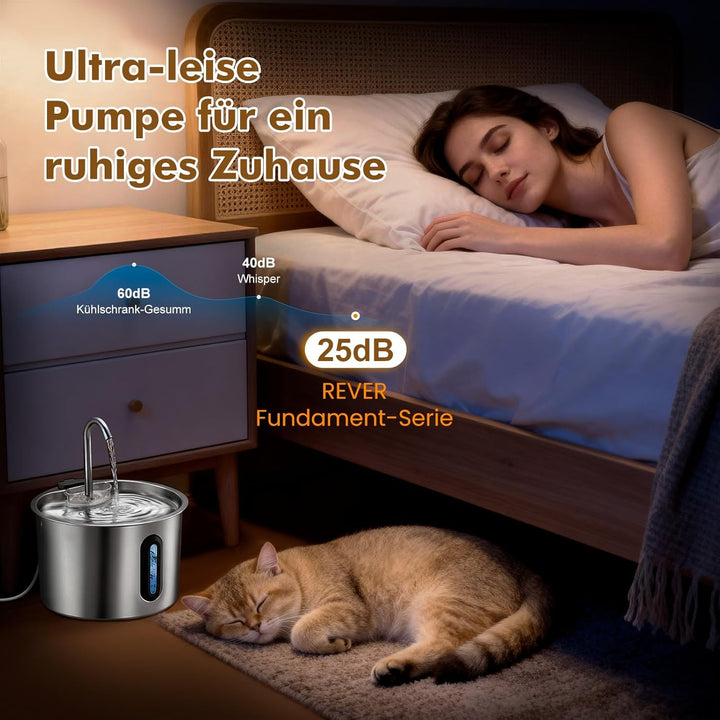 Katzenbrunnen Edelstahl 2.2L, Rever Ultraleiser Trinkbrunnen für Katzen mit Wasserstandsfenster, 3-S