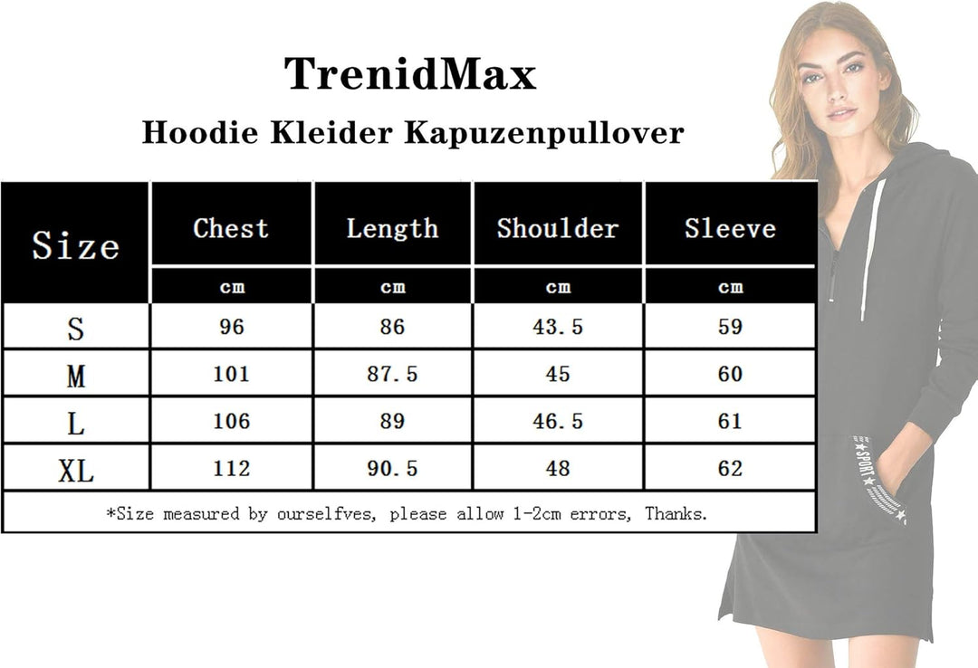 TrendiMax Damen Hoodie Kleid Herbst Langarm Sweatshirts Kapuzenpullover Streetwear Jumper Pullover M
