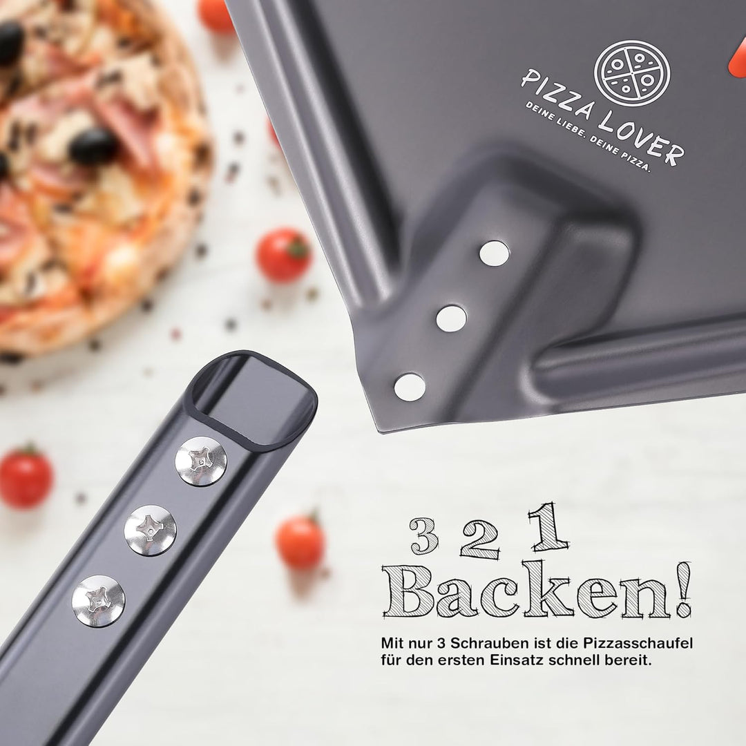 Pizza Lover® hochwertiger Pizzaschieber perforiert 30 x 30 cm Pizzaschaufel aus harteloxiertem Alumi